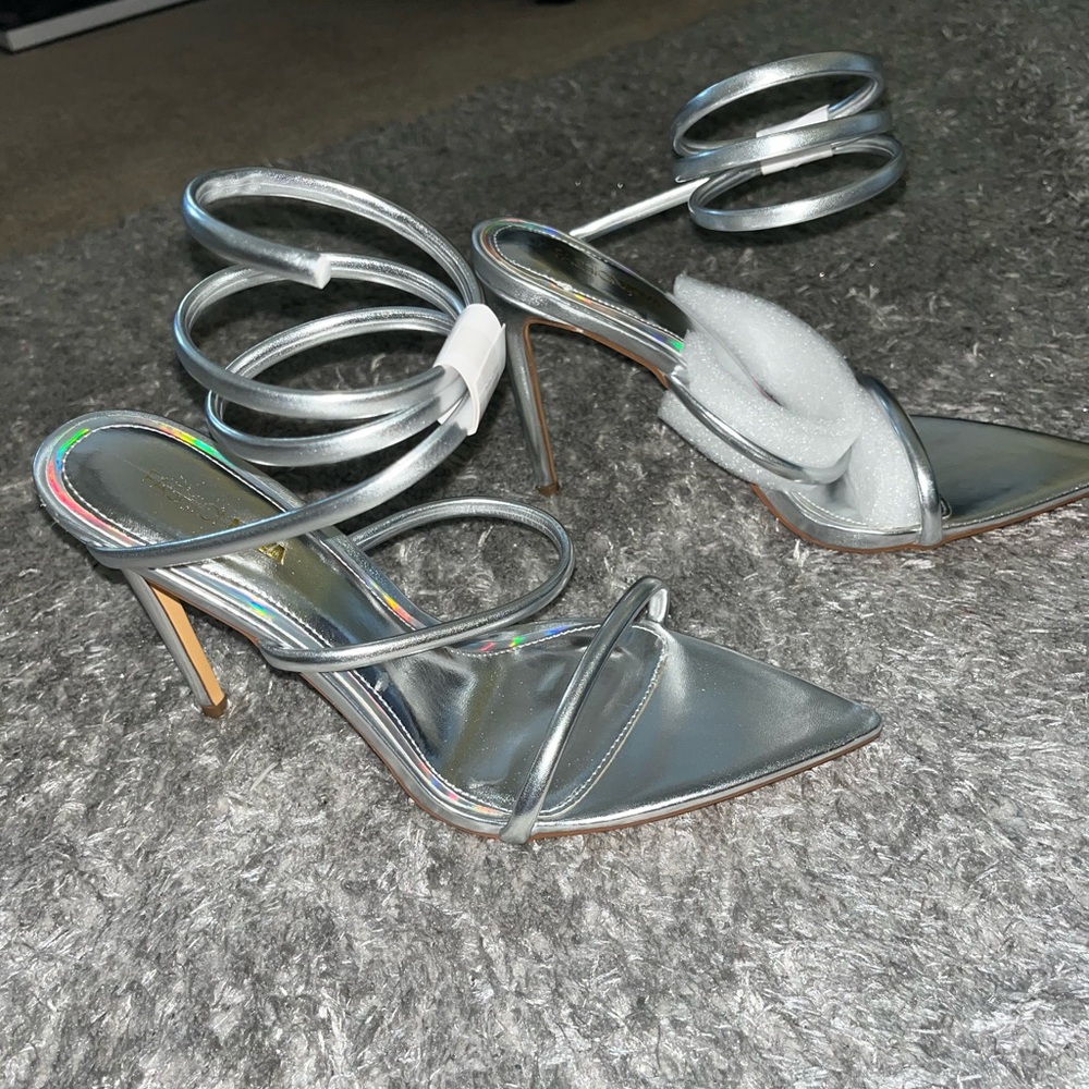 Silver Fashion Nova Strappy Heeled Sandals | Size 11